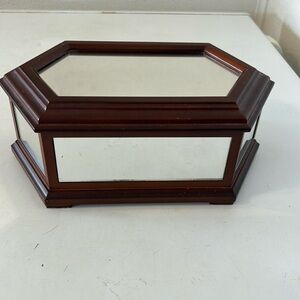Vintage mirrored and wood octagon jewelry box.